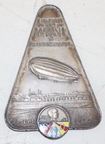 1929 Cloisonne and Silver Zeppelin Empfang Medallion: 2.5" x 3.5"
