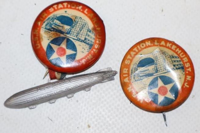 Group of 2 USN Airstation Lakehurst NJ Pin Back Badges: largest 1.25" x 1.5"