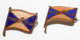 Group of 2 Cloisonne Goodyear Flag Shaped Pin Back Badges: .5" x .75" each