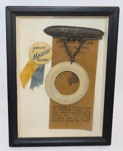 Group of 2 1911 Akron Commandery No.25 Zepplin Shaped Pin Back Badge and Mason Outing Pin Back Badge: largest 6" x 3"
