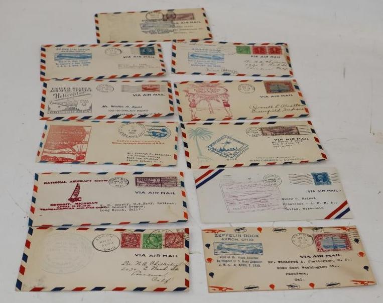 Group of 11 1930's & 1940's Airship, Airshow, and Helicopter Postmarked Envelopes: 6.5" x 3.5" each