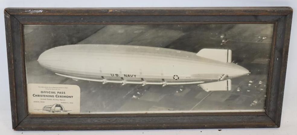 1933 Official Pass Christening Ceremony for US Navy Diregible with Framed Picture: 21.5" x 10"