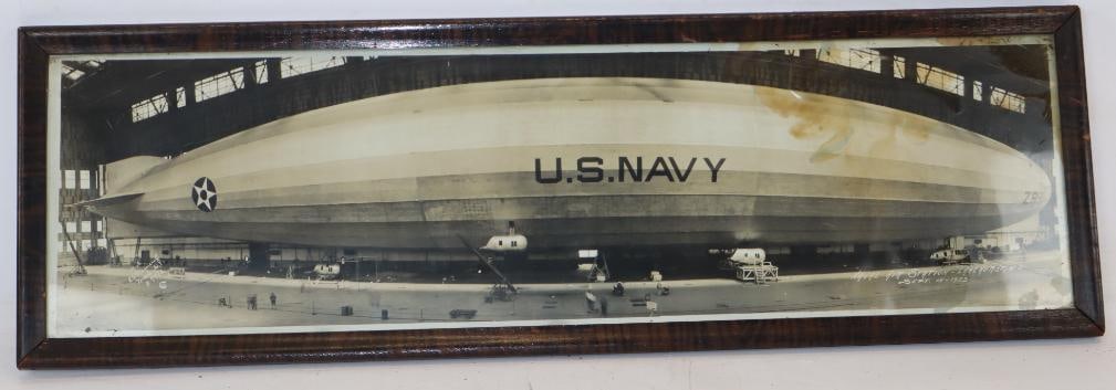 1923 Framed Naval Air Station Photo with ZR-1 Diregible in Airdock: 36.5" x 11.5", has some staining