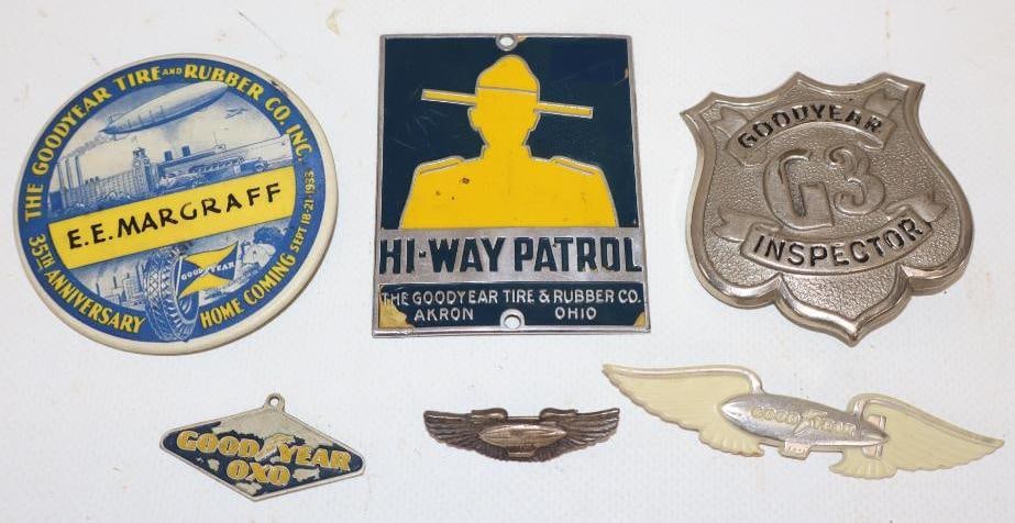 Group of 6 Goodyear Blimp and Tire Pin Back Badges and Highway Patrol Grill Badge (1 of 4)
