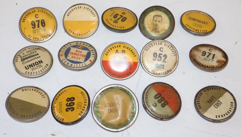 Group of 15 Goodyear Aircraft Union and Corporation Pin Back Badges: 1.75" x 1.75" each