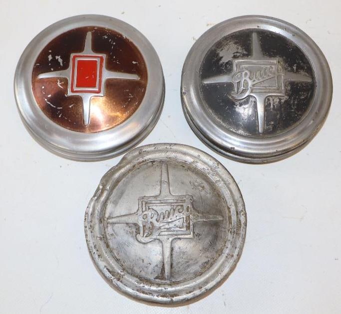 Group of 3 1920's Buick Embossed Aluminum OEM and Aftermarket Threaded Automobile Hubcaps (1 of 2)