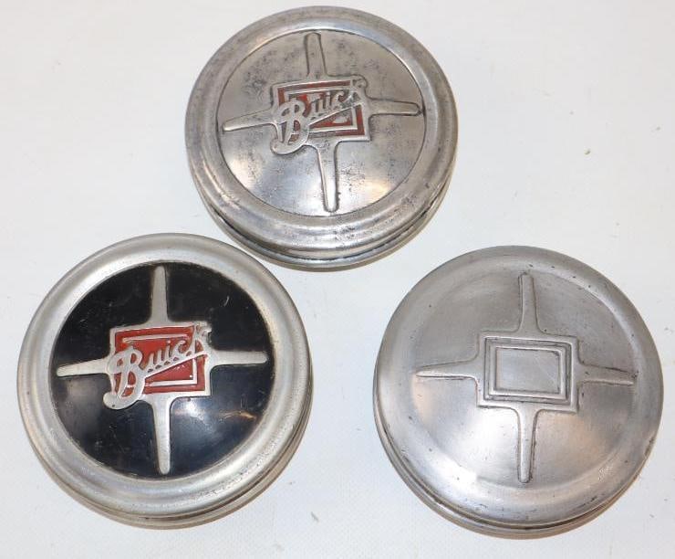 Group of 3 1920's Buick Embossed Aluminum OEM and Aftermarket Threaded Automobile Hubcaps (1 of 2)