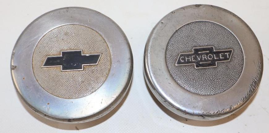 Group of 2 1929 Chevrolet Embossed Aluminum Threaded Automobile Hubcaps: 3.5" x 3.5" x 1.5" each