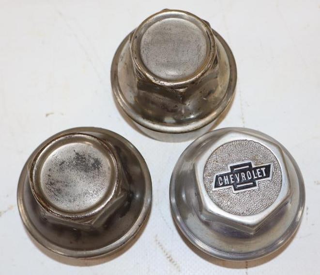 Group of 3 1910's Chevrolet Steel and Aluminum Threaded Automobile Hubcaps: 2.25" x 2.25" x 2" each