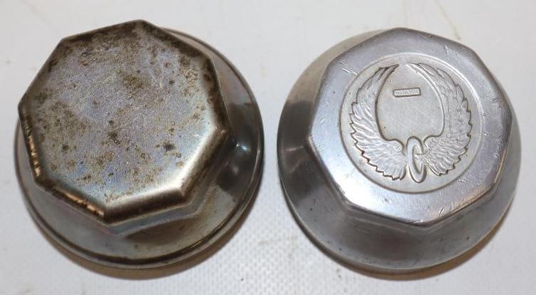 Group of 2 1920's Chevrolet Aftermarket and OEM Steel and Aluminum Threaded Automobile Hubcaps: 2.5" x 2.5" x 1.75" each