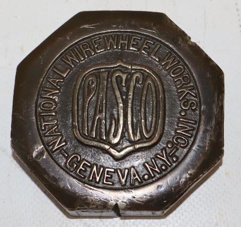 Pasco Brass Embossed National Wire Wheel Works Threaded Automobile Hubcap (1 of 2)