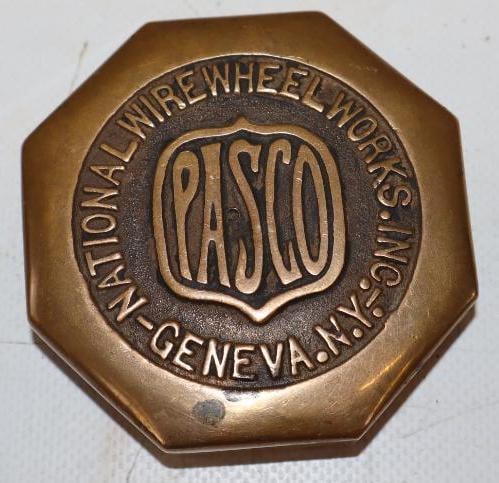 Pasco Brass Embossed National Wire Wheel Works Automobile Hubcap: 2.75" x 2.75" x 0.75"