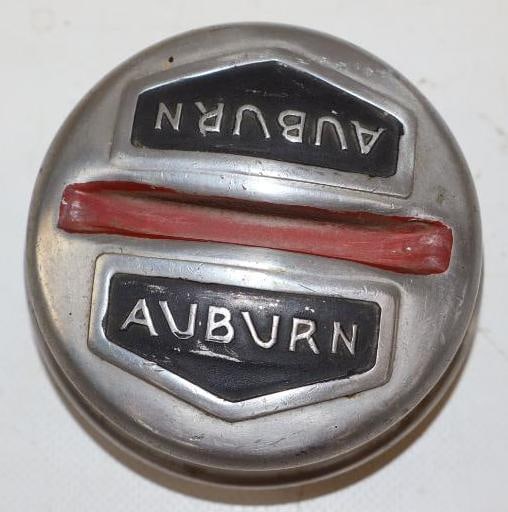 1920's Auburn Embossed Aluminum Threaded Automobile Hubcap: 3.75" x 3.75" x 1.75"