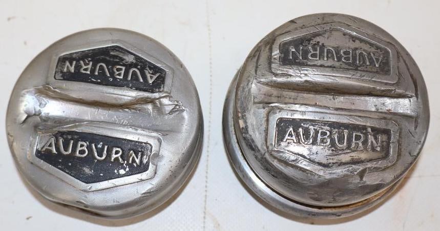 Group of 2 1929 Auburn Embossed Aluminum Threaded Automobile Hubcaps: One is 3.5" x 3.5" x 2" Other is 3.25" x 2.25" x 1.75"
