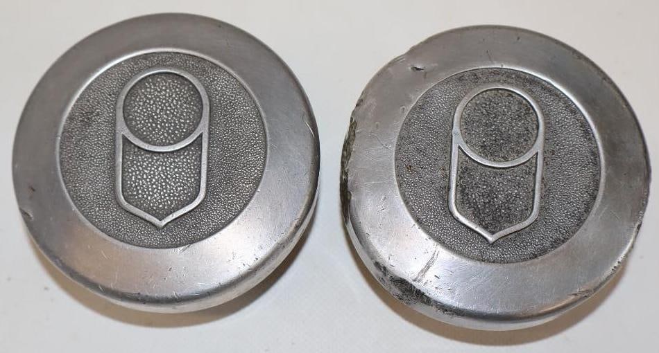 Group of 2 1927 Graham Paige Embossed Aluminum Threaded Automobile Hubcaps: 3.5" x 3.5" x 1.75" each