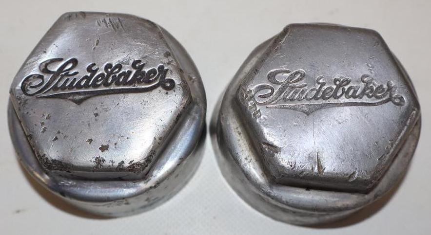Group of 2 1910's Studebaker Debossed Aluminum Threaded Automobile Hubcaps (1 of 2)
