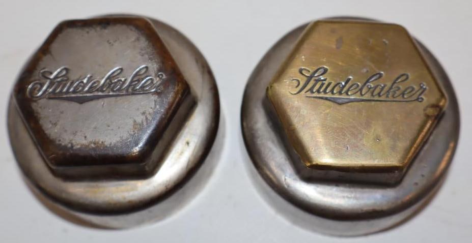Group of 2 1910's Studebaker Debossed Brass Threaded Automobile Hubcaps (1 of 2)