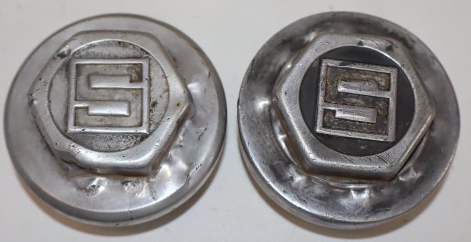 Group of 2 1920's Studebaker Embossed Aluminum Threaded Automobile Hubcaps (1 of 2)
