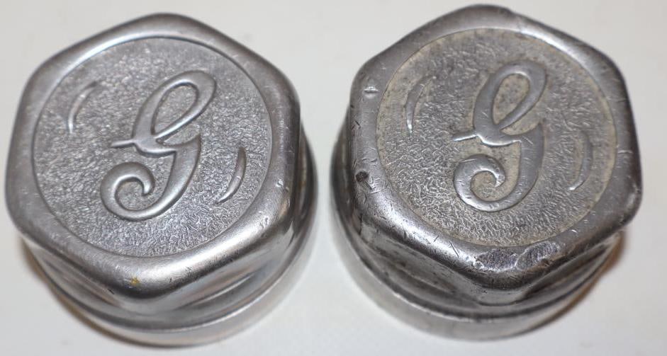Group of 2 Gray Motor Car Co. Embossed Aluminum Threaded Automobile Hubcaps (1 of 2)