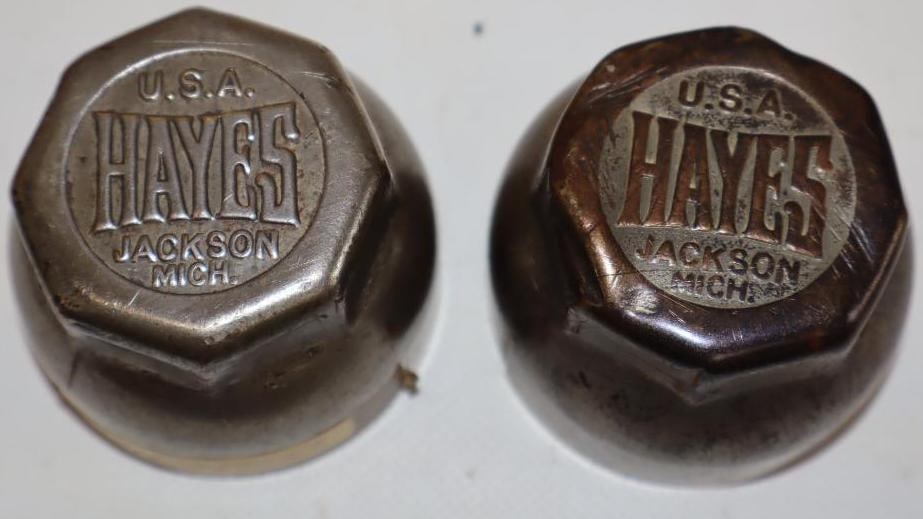 Group of 2 1920's Hayes Wheel Co. Embossed Brass Threaded Automobile Hubcaps: Both have cracks. 2.5" x 2.5" x 1.75"