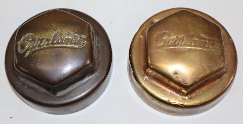 Group of 2 Overland Debossed Brass Threaded Automobile Hubcaps (1 of 2)