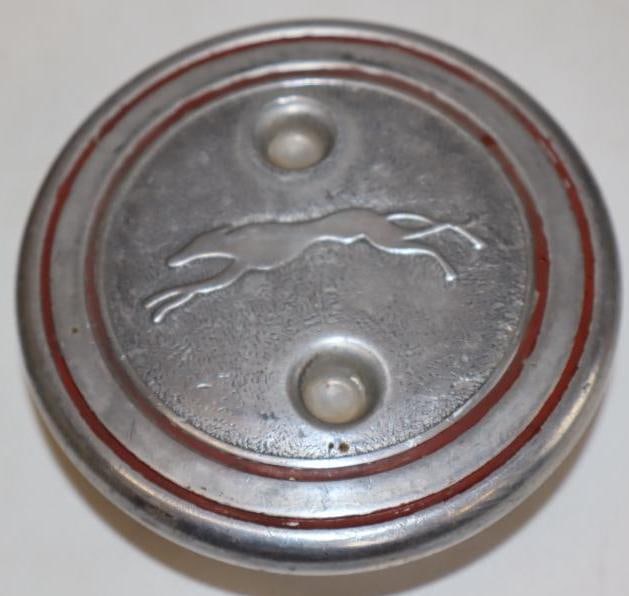Whippet Embossed Aluminum Threaded Automobile Hubcap: 3.5" x 3.5" x 1.5"