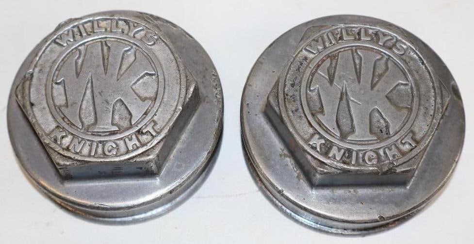 Group of 2 1916-1919 Willy's Knight Embossed Aluminum Threaded Automobile Hubcaps (1 of 2)