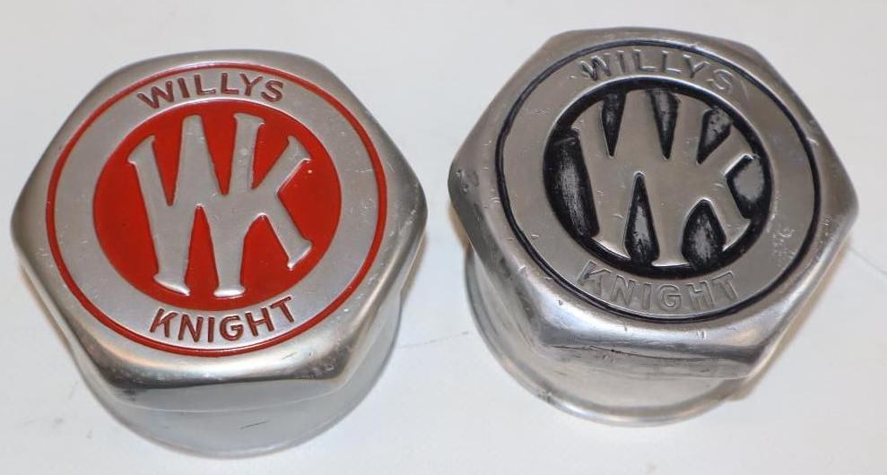 Group of 2 1920's Willy's Knight Embossed Aluminum Threaded Automobile Hubcaps (1 of 2)