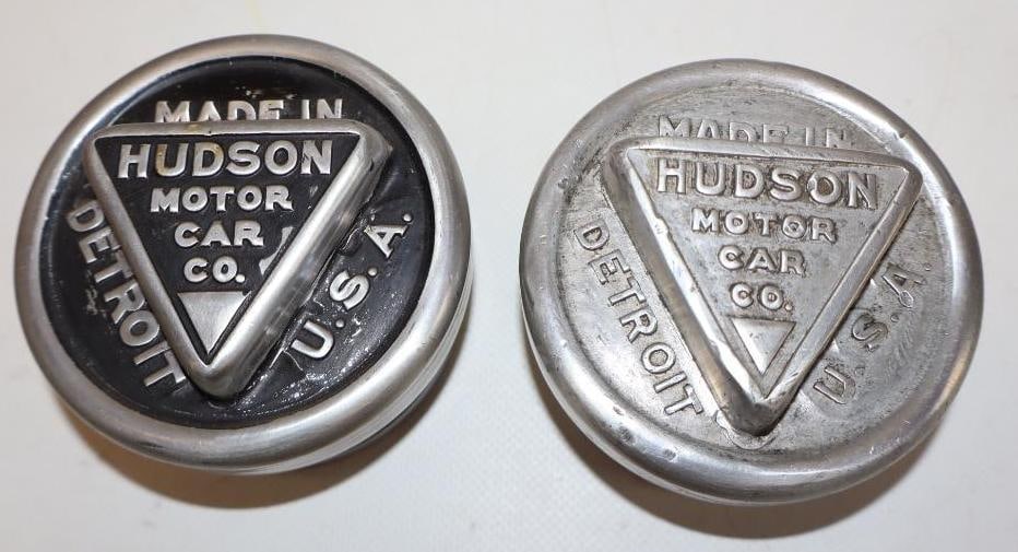 Group of 2 1920's Hudson Motor Car Co Embossed Aluminum Threaded Automobile Hubcaps (1 of 2)
