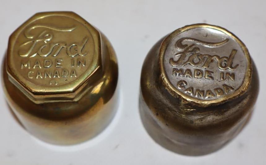 Group of 2 Ford Script Model T Brass Embossed Threaded Automobile Hubcaps Made in Canada (1 of 2)