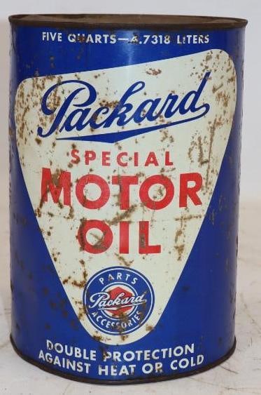 Packard Special Motor Oil 5 Quart Advertising Can: 6.5" x 6.5" x 9.5" missing bottom lid