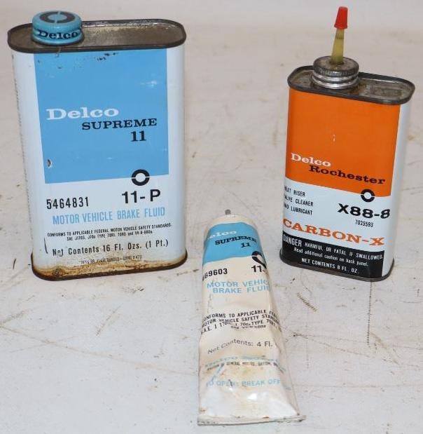 Group of 3 Delco Supreme Break Fluid & Carbon X - Cans & Tube: Largest is 16 oz