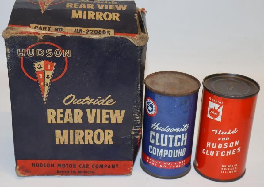 Group of 3 Hudson, Clutch Compounds and Outside Rearview Mirror Advertising Box: Largest is 5" x 3.5" x 6"