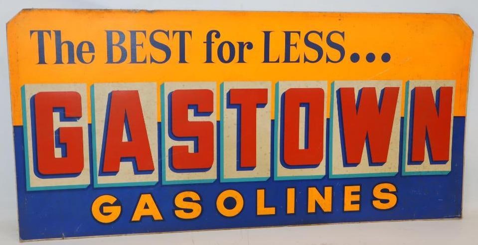 " The Best for Less" Gastown Gasolines Cardboard Advertising Sign: 44" x 21"