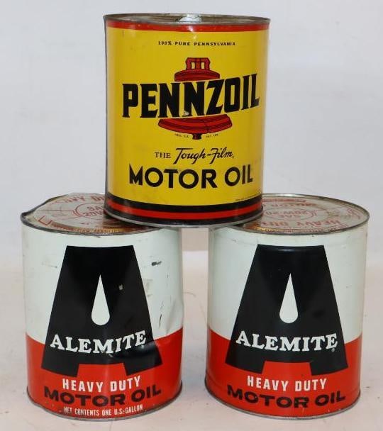 Group of 3 Pennzoil and Alemite Metal One Gallon Oil Cans: Empty. 128 oz each