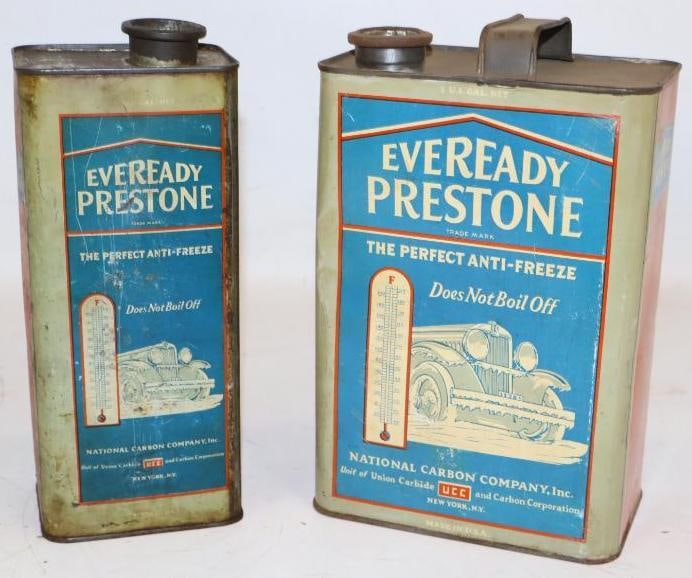 Group of 2 Ever Ready Prestone One Gallon, and Half Gallon Antifreeze Cans with 1920's Car Graphics (1 of 2)