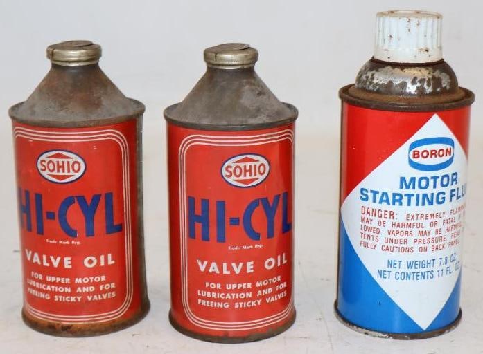 Group of 3 Sohio and Boron Hi-Cyl and Motor Starting Fluid Oil Cans (1 of 2)