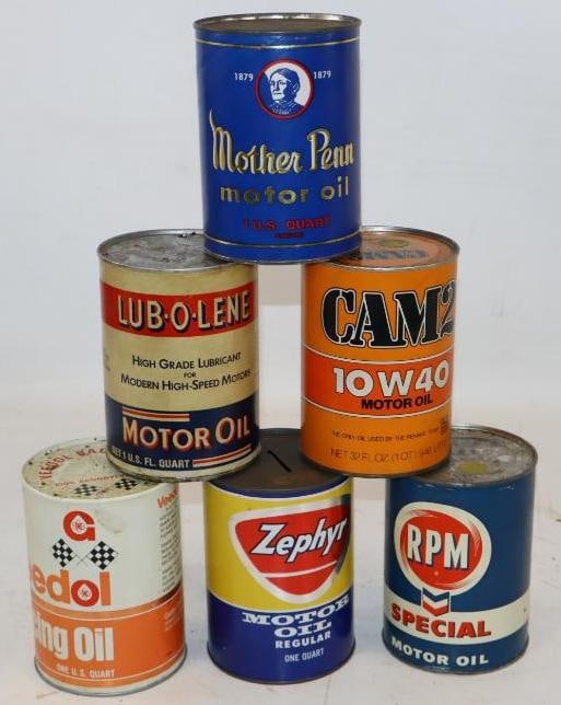 Group of 6 Composite 1 Quart Oil Cans (1 of 2)