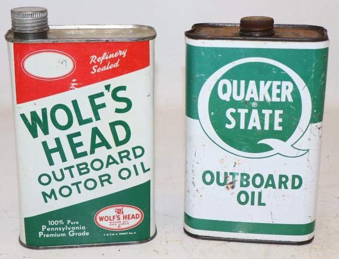 Group of 2 Quaker State and Wolf's Head 1 Quart Metal Outboard Motor Oil Cans (1 of 2)