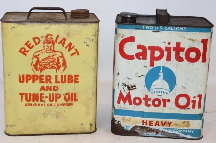 Group of 2 Atlantic Capital and Red Giant 2 Gallon Motor Oil Cans: both are empty
