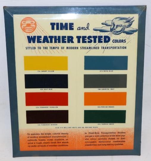 Plastic-Kote Auto Finish Color Sample Tin Over Cardboard Advertising Sign: 8" x 9.25" is missing cardboard backing