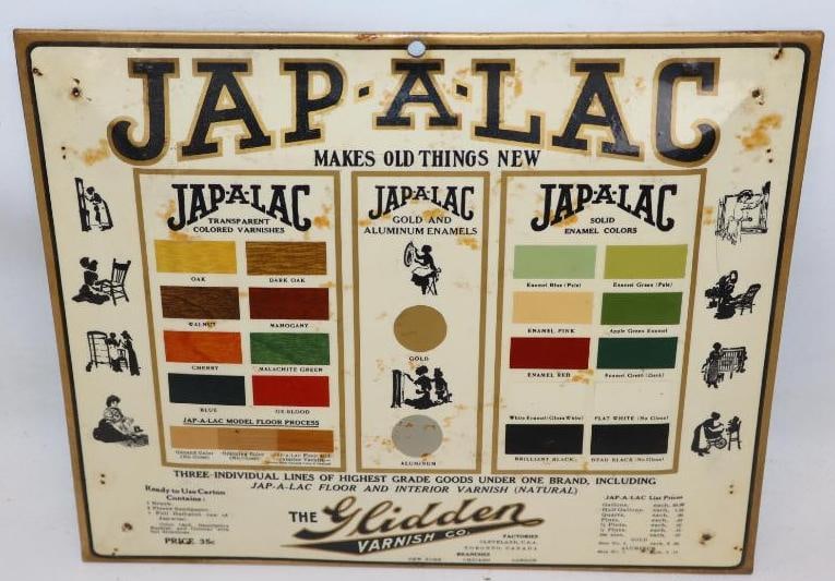 Jap-A-Lac The Glidden Varnish Co. Color Sample Advertising Enameloid Sign: 11.25" x 9.25" has four extra mounting holes