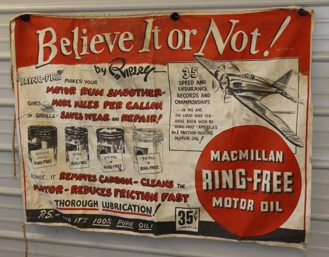 "Believe it or Not" MacMillan Grain Free Motor Oil Advertising Canvas Banner Sign with Pistons &: 56" x 41" has some moth holes