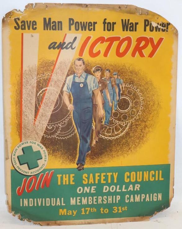 "Save Man Power for War Power and Victory" Safety Council WW2 Cardboard Advertising Poster (1 of 2)