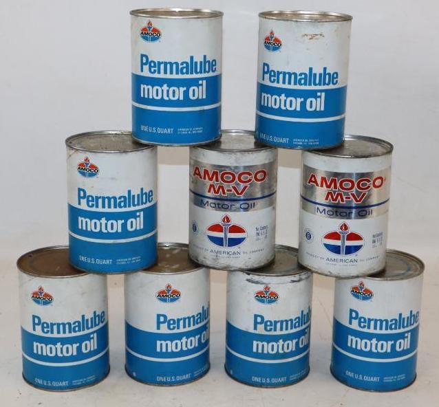 Group of 9 Amoco and American Permalube and M-V Composite One Quart Oil Cans: Empty. 32oz each
