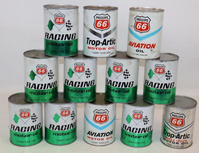Group of 12 Phillips 66 Aviation, Racing, and Trop-Arctic One Quart Composite Oil Cans (1 of 2)