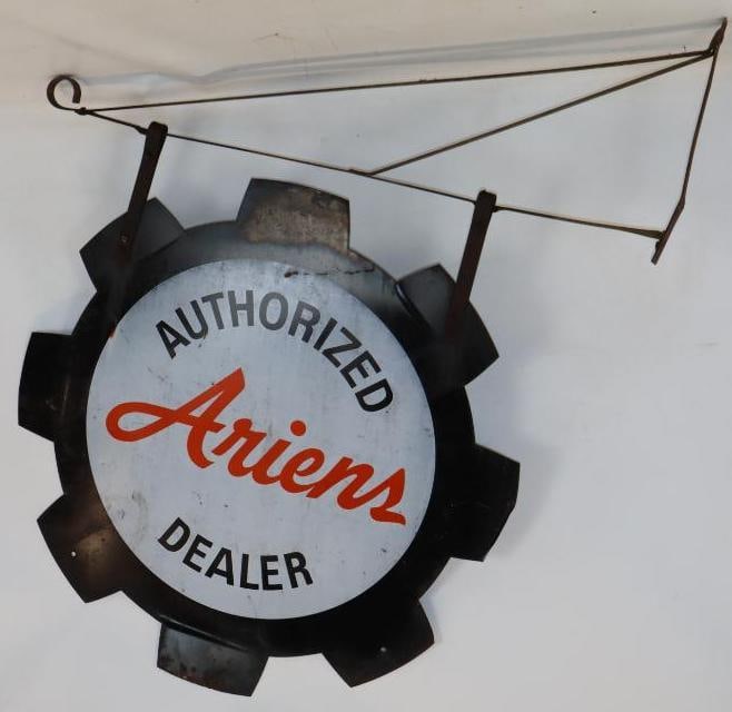 Ariens Authorized Dealer Double Sided Metal Gear Shaped Hanging Sign with Bracket: Sign measures 35" x 35" and is marked "Stout Sign Company" The bracket is 42" long