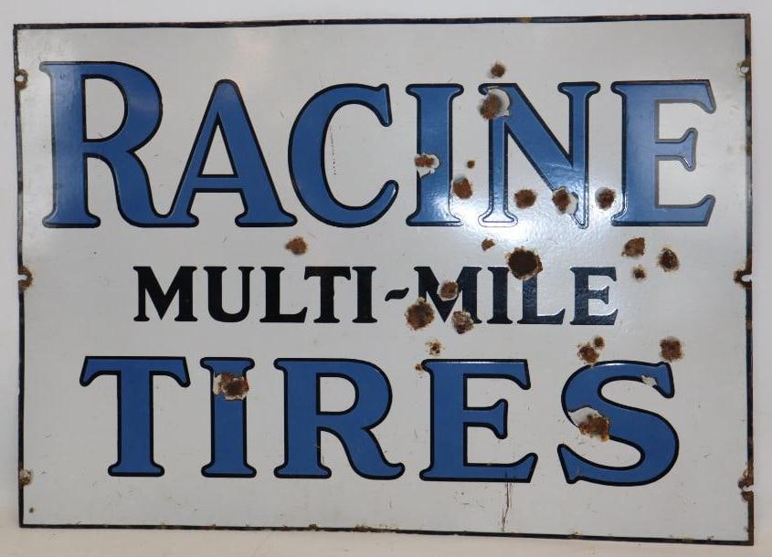 Racine Multi-Mile Tires Double Sided Porcelain Advertising Sign: Both sides have numerous chips, and mounting holes have rusted out. Reverse side shows concrete splatter. 28" x 40"