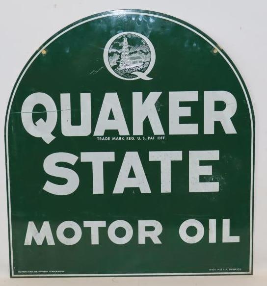Quaker State Motor Oil Tombstone Shaped Double Sided Metal Advertising sign: Is marked "Donasco". This sign has good gloss and some scratching throughout. 28.75" x 26.5"