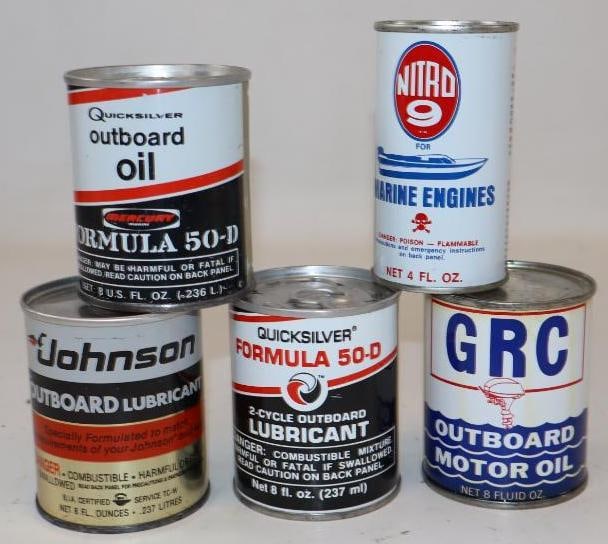 Group of 5 Johnson, Quicksilver, Nitro9 & GRC Outboard 2 Cycle Oil Cans (1 of 2)